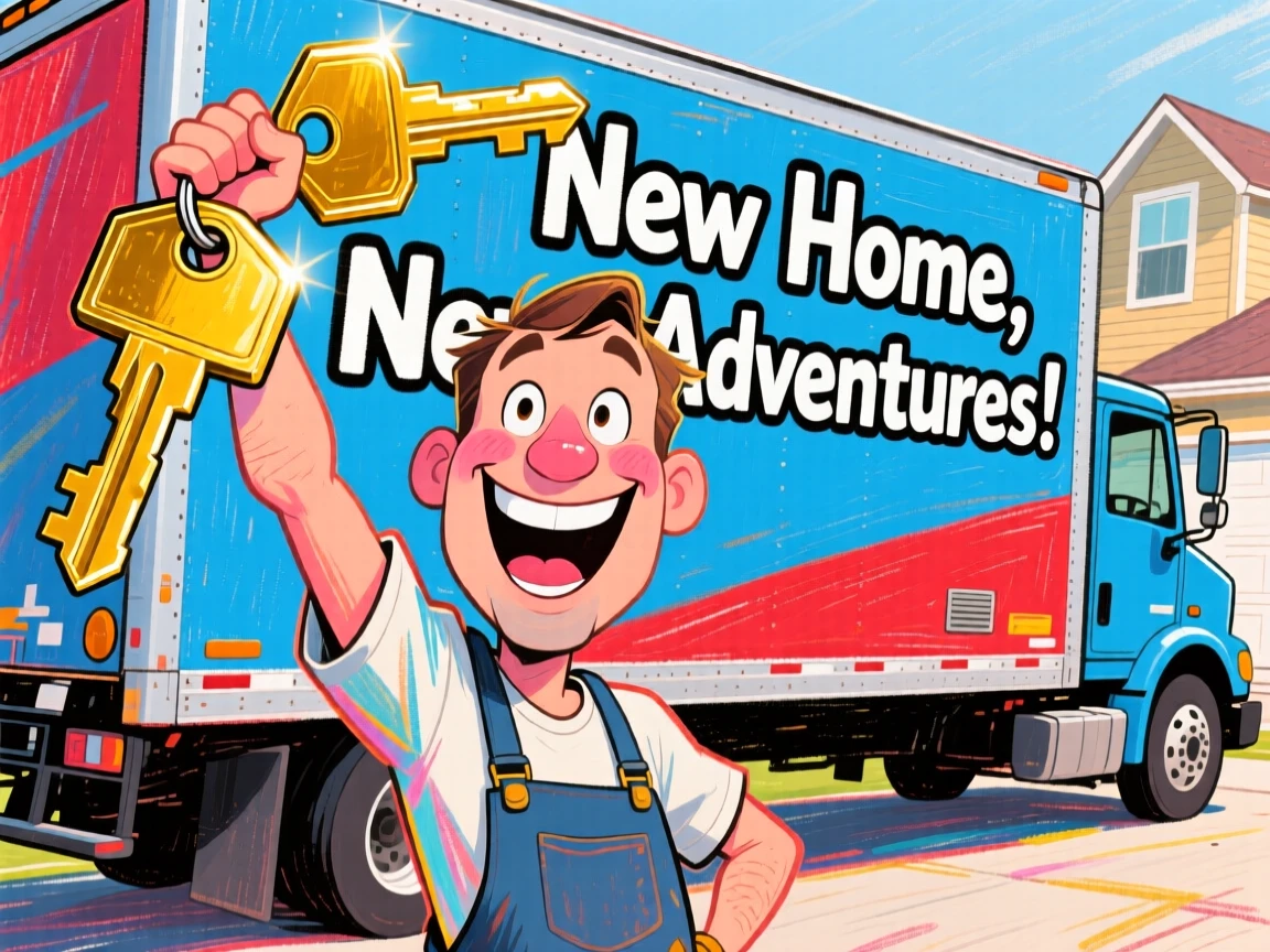 A proud new homeowner holding up giant house keys in front of a moving truck.