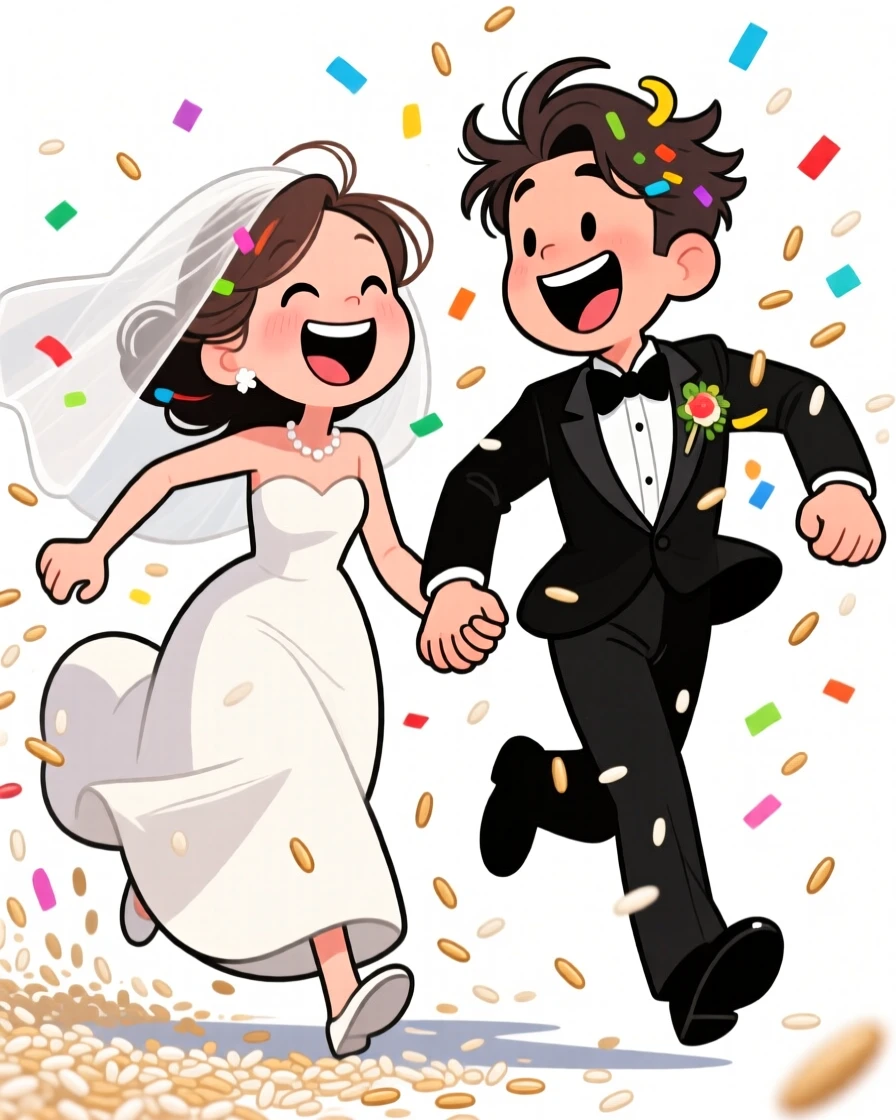 A heartwarming scene of newlyweds running hand in hand from a shower of rice, laughing with confetti caught in their hair.