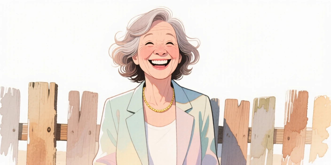 A middle-aged woman with loose beach waves, grinning ear to ear, wearing a tailored blazer and wearing a delicate gold necklace, in front of a rustic wooden fence