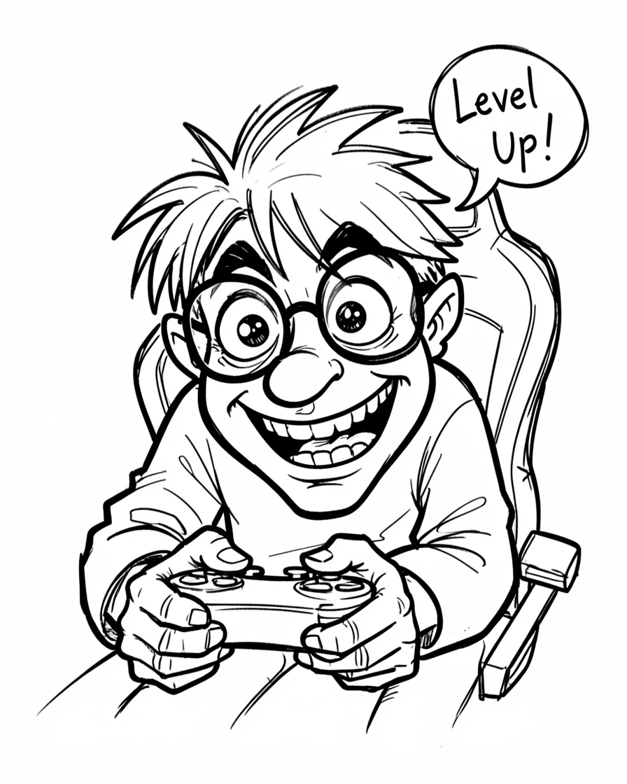 [People Portraits & Characters] Portrait of a nerdy gamer hunched over a controller with wide excited eyes, full of personality and charm