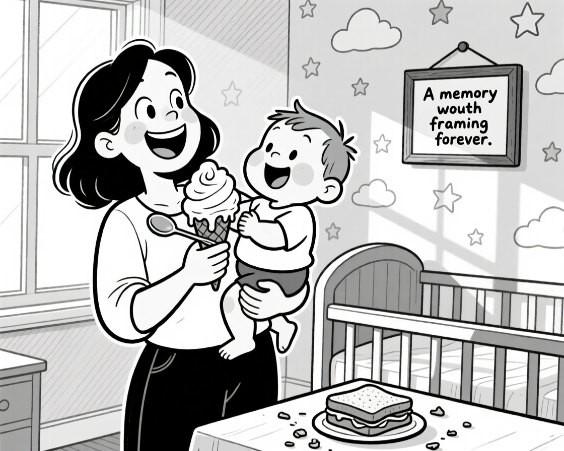A mother balancing a toddler on her hip, sharing one giant scoop of ice cream with two spoons, set in a sunlit nursery with pastel wallpaper. A half-eaten sandwich sits forgotten on the table. It feels like a memory worth framing forever.