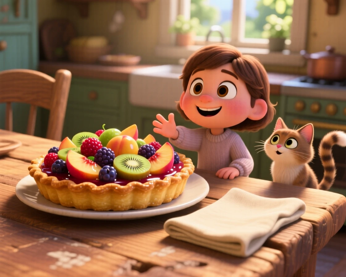 A fresh fruit tart with glossy glaze sits on a rustic wooden farmhouse table, next to a folded linen napkin. The setting feels relaxed and satisfying.