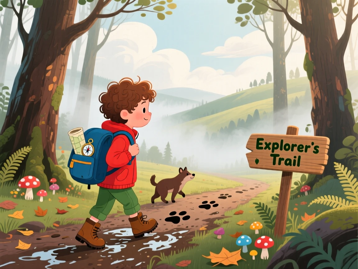 In a foggy morning woodland, a young explorer with a backpack is following a trail of paw prints in the mud, as clouds cast slow shadows across the hills.