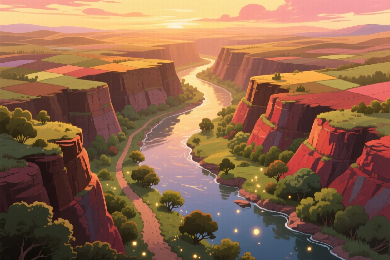 A breathtaking view of a canyon carved by a winding river, with a single winding dirt path leading into the distance, at dusk, shown from directly above like a patchwork quilt.