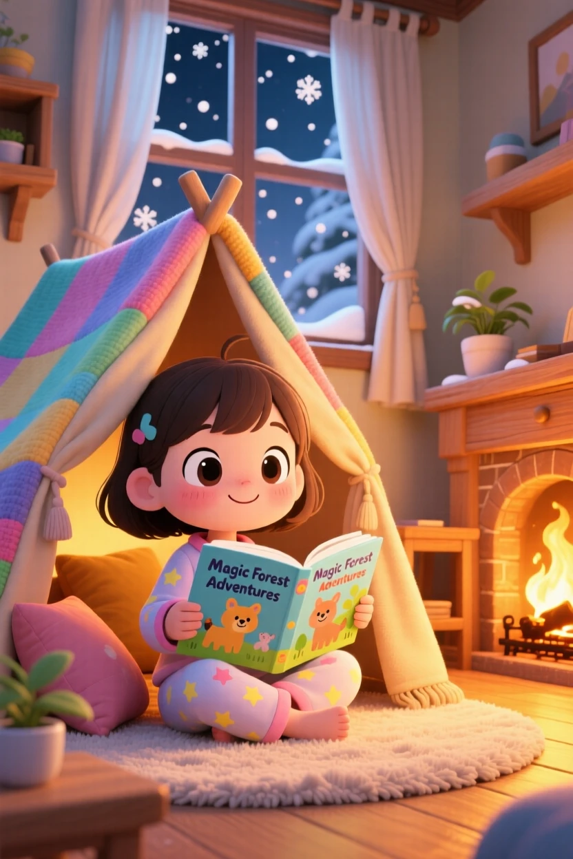 A little girl reading a picture book under a blanket fort, framed as a low-angle shot looking up within a cozy living room, amid softly falling snow, glowing under cozy firelight, evoking delighted joy.