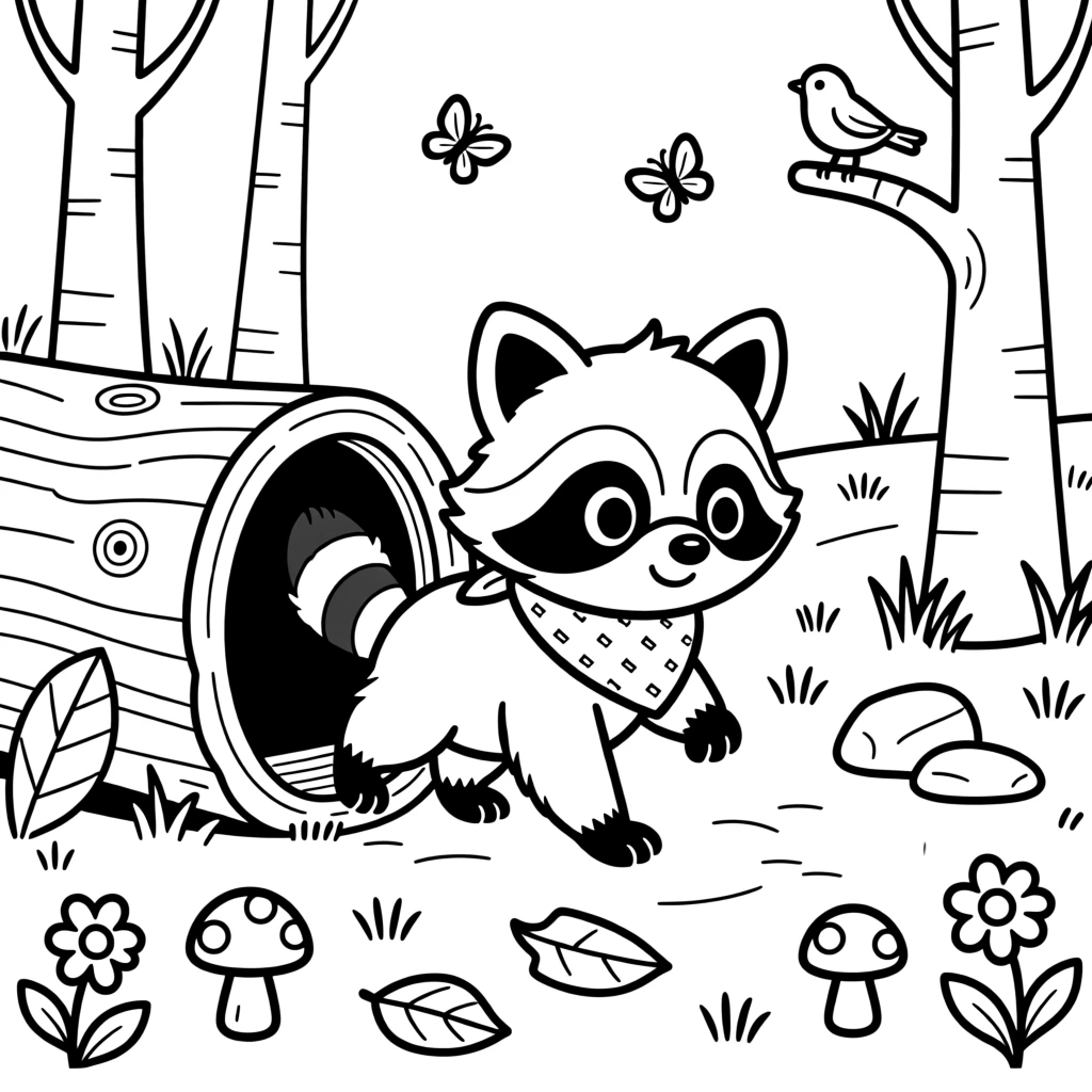 A baby raccoon exploring a hollow log in the woods