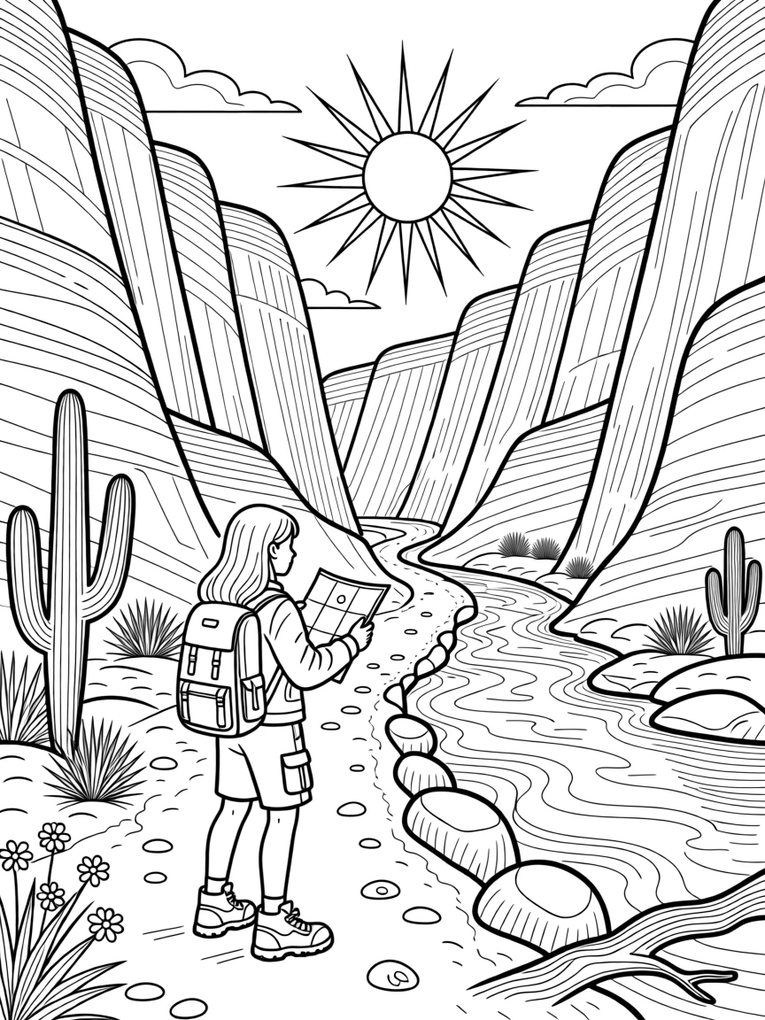 A winding trail through a canyon of red rock, with reflections shimmering on the water's surface.