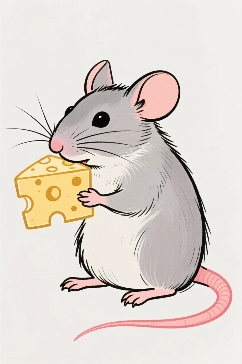 A mouse nibbling cheese.