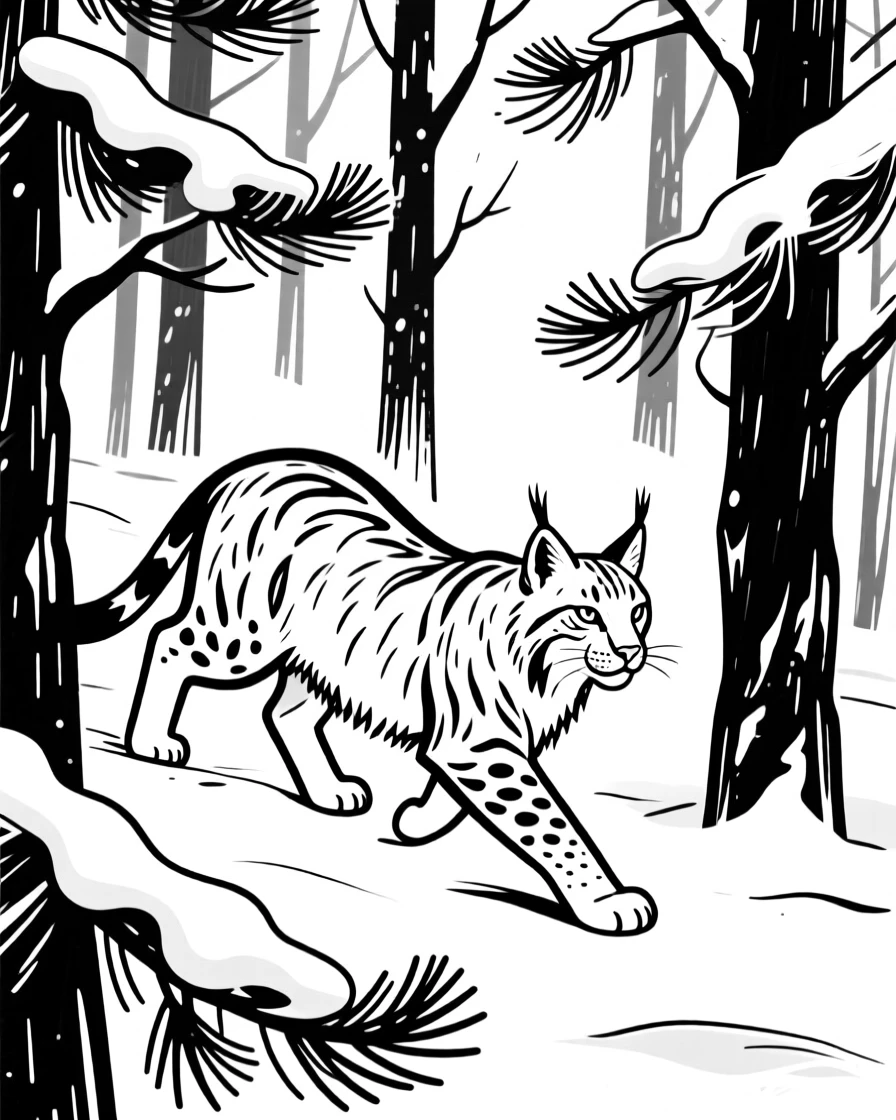 A lynx stalking through a snowy pine forest, tufted ears alert.