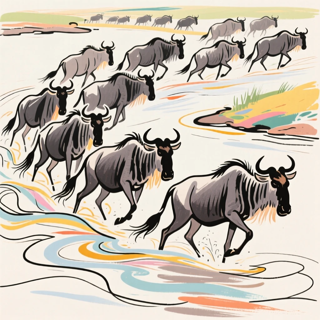 A herd of wildebeest crossing a river during a great migration.