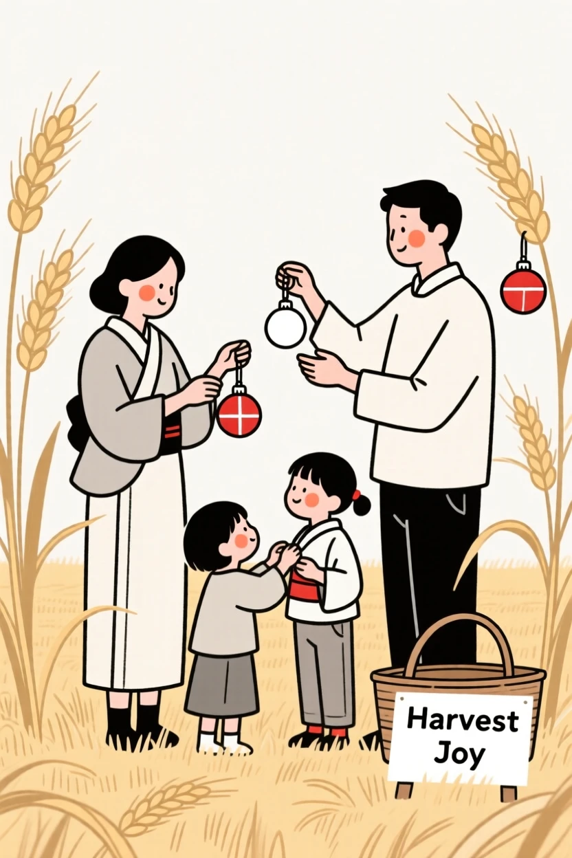 A family of Japanese heritage decorating for Christmas, in a wheat field at harvest.
