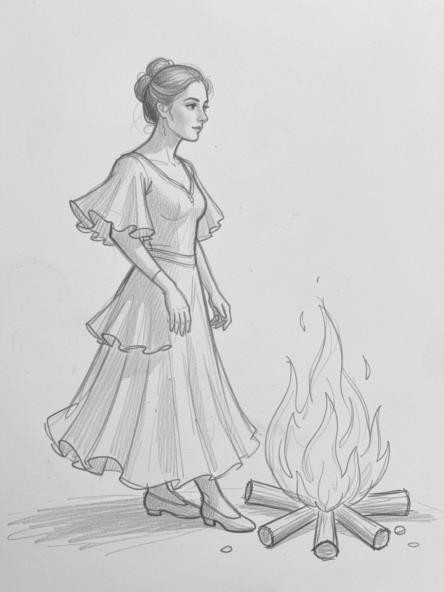 A tender portrait of a graceful flamenco dancer, gazing thoughtfully into the distance, beside a crackling campfire.