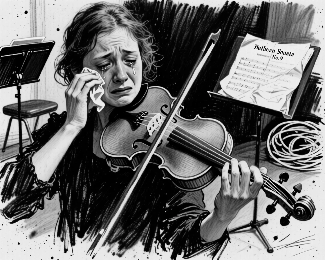 A violinist wiping away a single tear of joy, backstage before a performance.