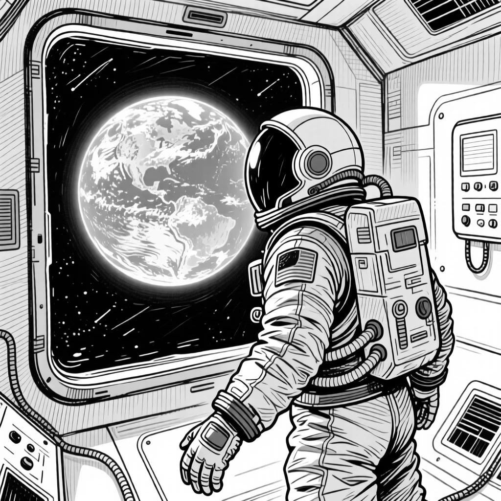An astronaut floating inside a spacecraft, gazing through a window at the glowing Earth below.