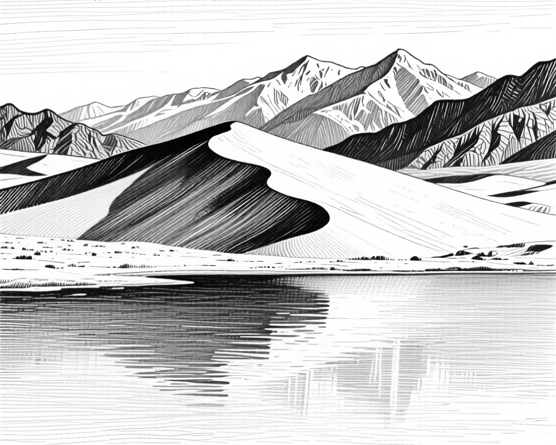 A desert dune ridge surrounded by distant snow-capped peaks, with reflections shimmering on the water's surface, evoking a timeless and grounding atmosphere in a wide, balanced composition.