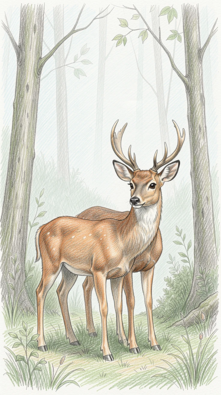 A pair of deer standing quietly at the edge of a foggy forest, framed by a simple, uncluttered natural setting, full of playful curiosity and joy.