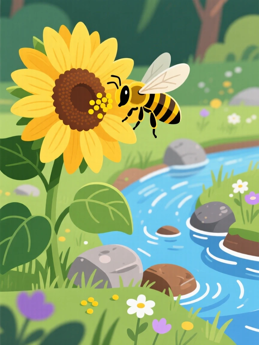 A honeybee collecting pollen from a sunflower, positioned beside a babbling woodland stream, grouped together in a playful cluster composition, with a sense of playful curiosity captured perfectly.