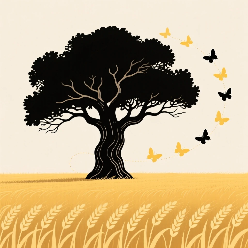 An ancient oak tree, silhouetted alone against a golden wheat field, surrounded by a trail of butterflies, full of quiet solitude.