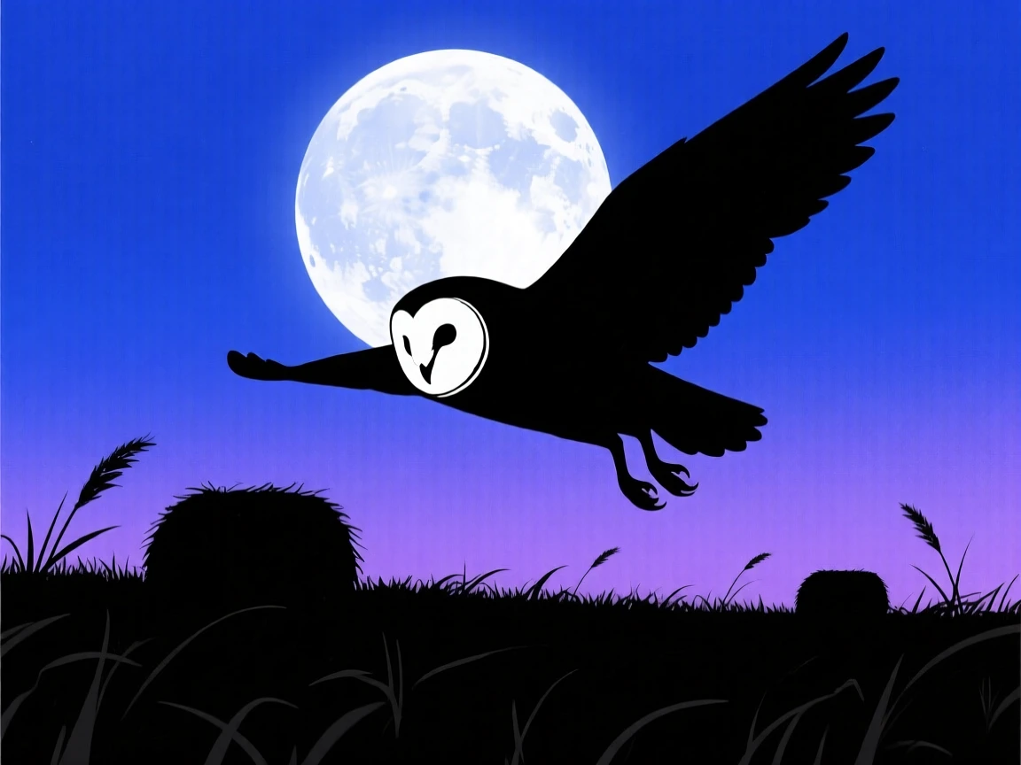 A barn owl gliding silently just above a moonlit hay field.