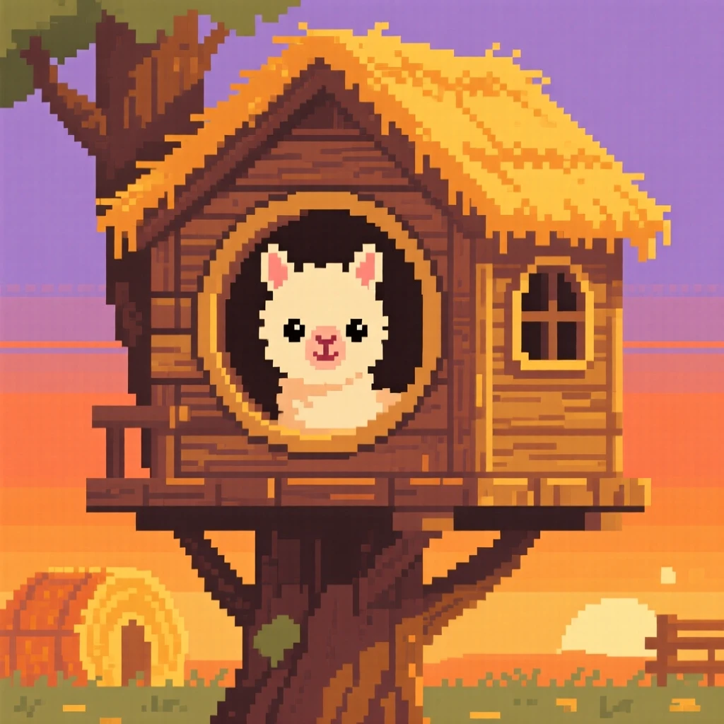 A baby alpaca peeking through a round window of a treehouse, on top of a haystack at sunset.