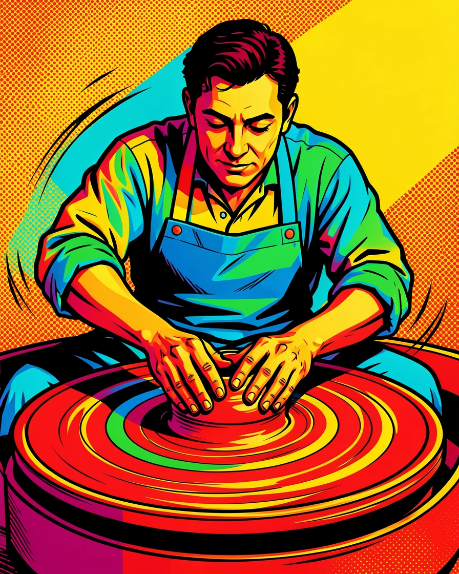 A potter shaping clay on a spinning wheel