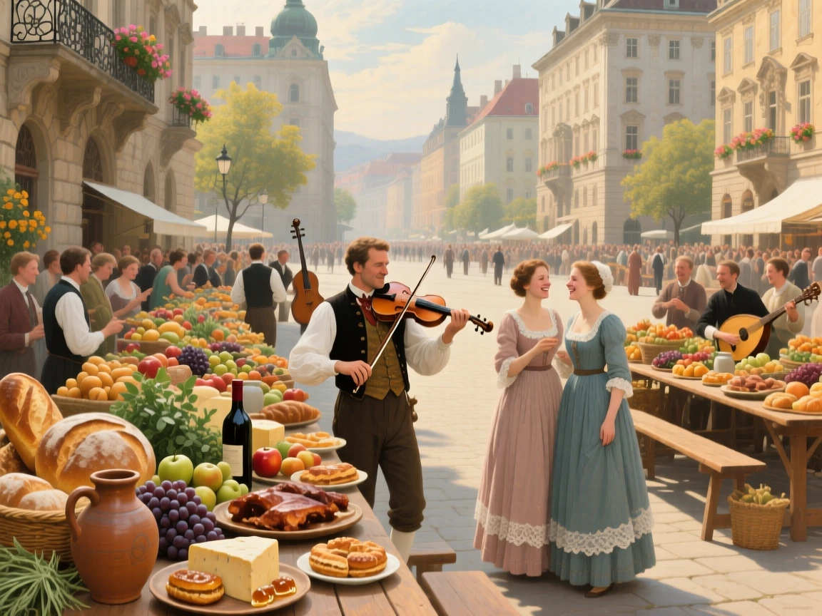 A sweeping wide shot of a harvest festival with tables laden with food and musicians playing, in old Vienna, in late spring.