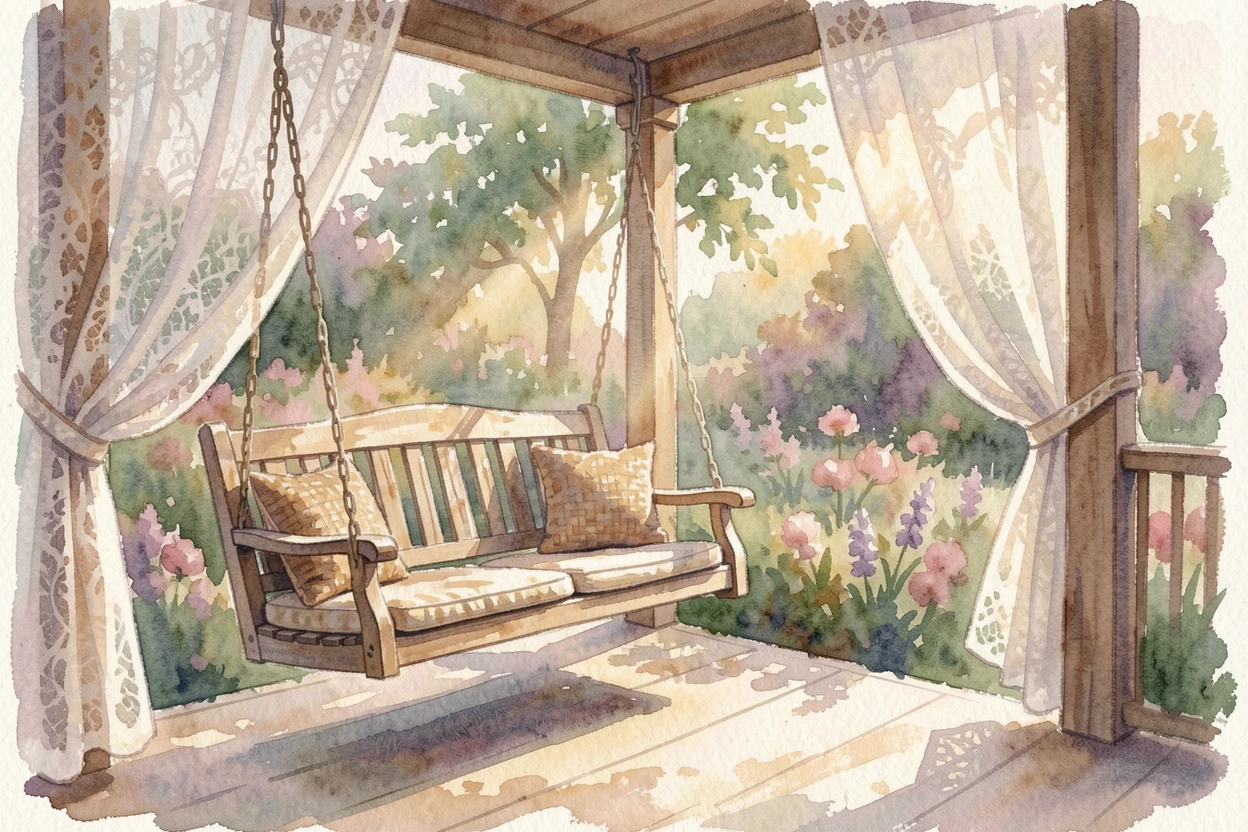 A porch swing overlooking a garden with soft afternoon light streaming through lace curtains.