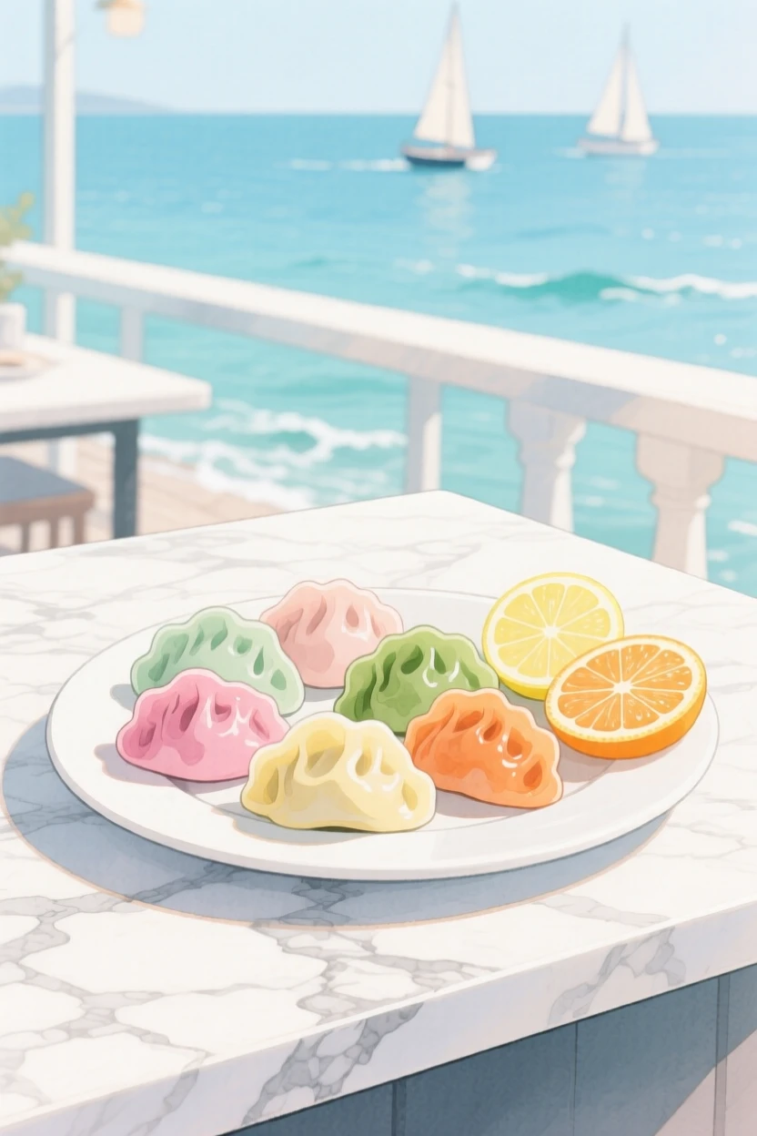 A plate of colorful dumplings sits on a marble counter beside citrus slices at a seaside restaurant patio, arranged beautifully for a delightful meal
