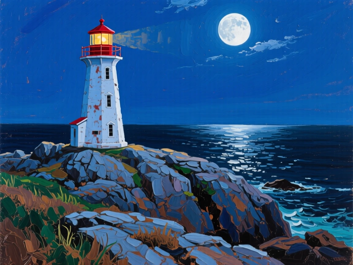 a solitary lighthouse on a rocky headland, under a full moon, with a clear foreground, subject, and distant setting.