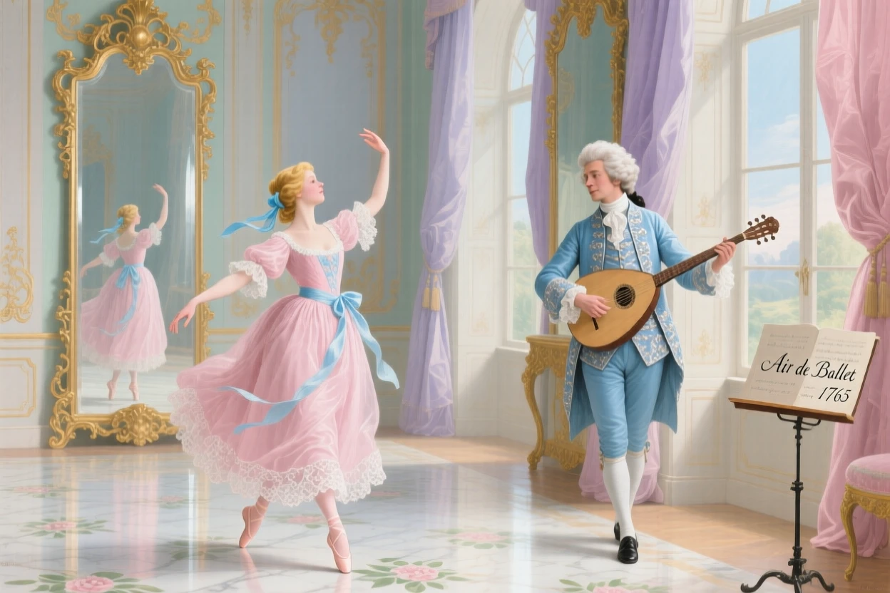 A graceful dancer practicing before tall mirrors while a musician accompanies her  