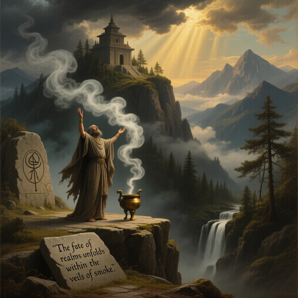 An oracle delivers a prophecy in the smoke of a mountain temple.