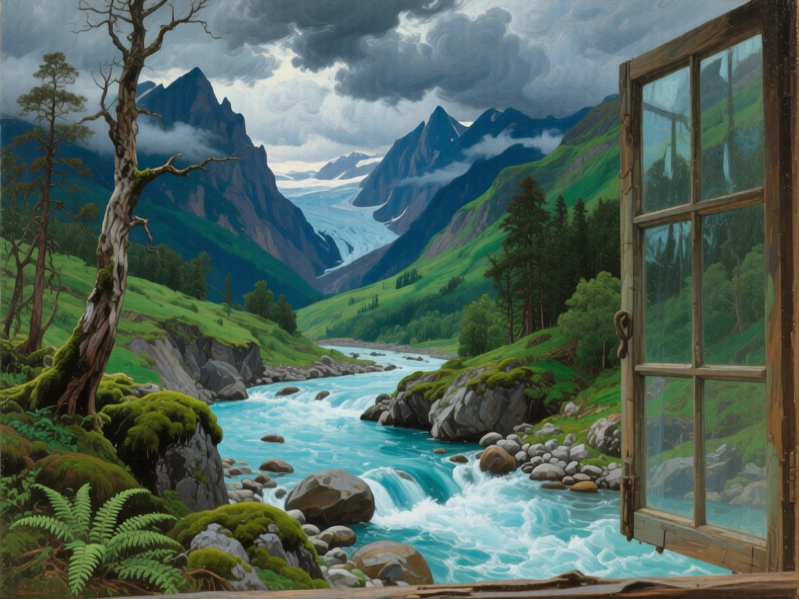 A glacial river carving through a deep emerald valley, as storm clouds gather dramatically on the horizon, designed to feel like a window into another world