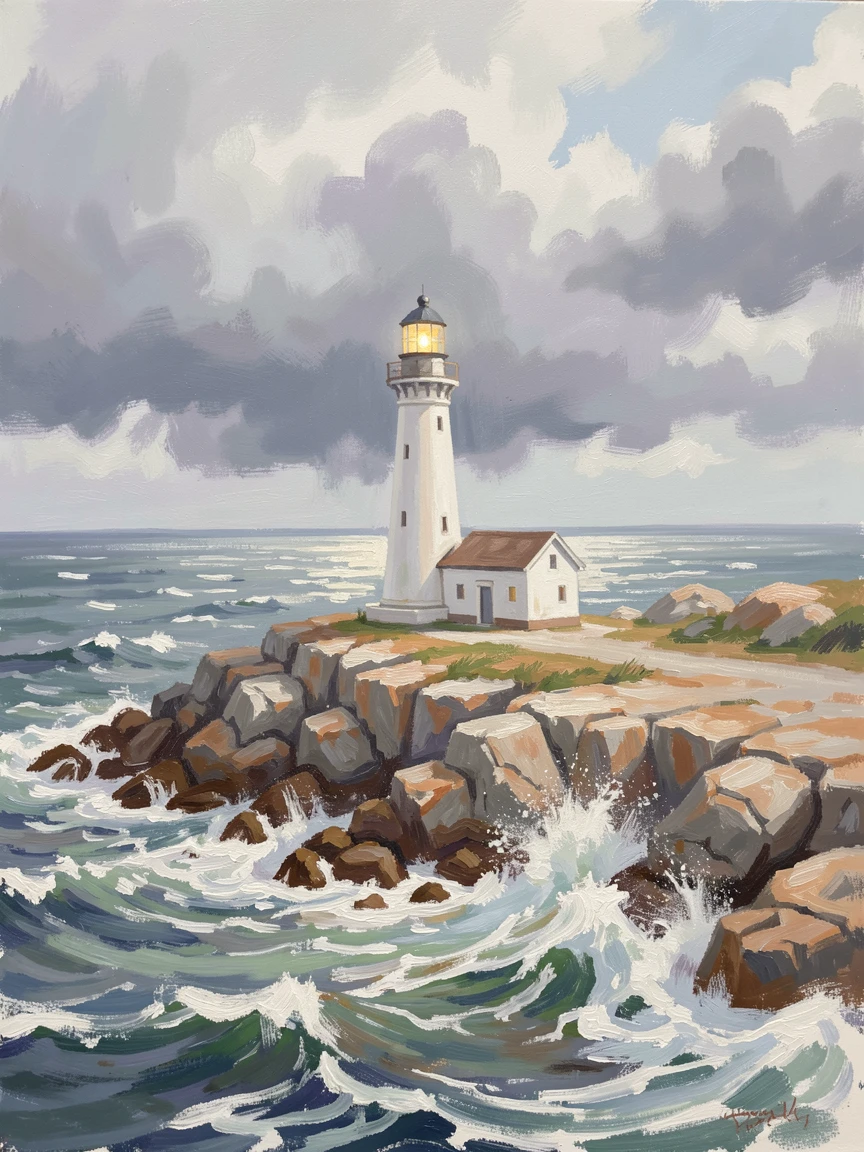 A remote lighthouse on a rocky headland, waves crashing dramatically below as storm clouds gather offshore.