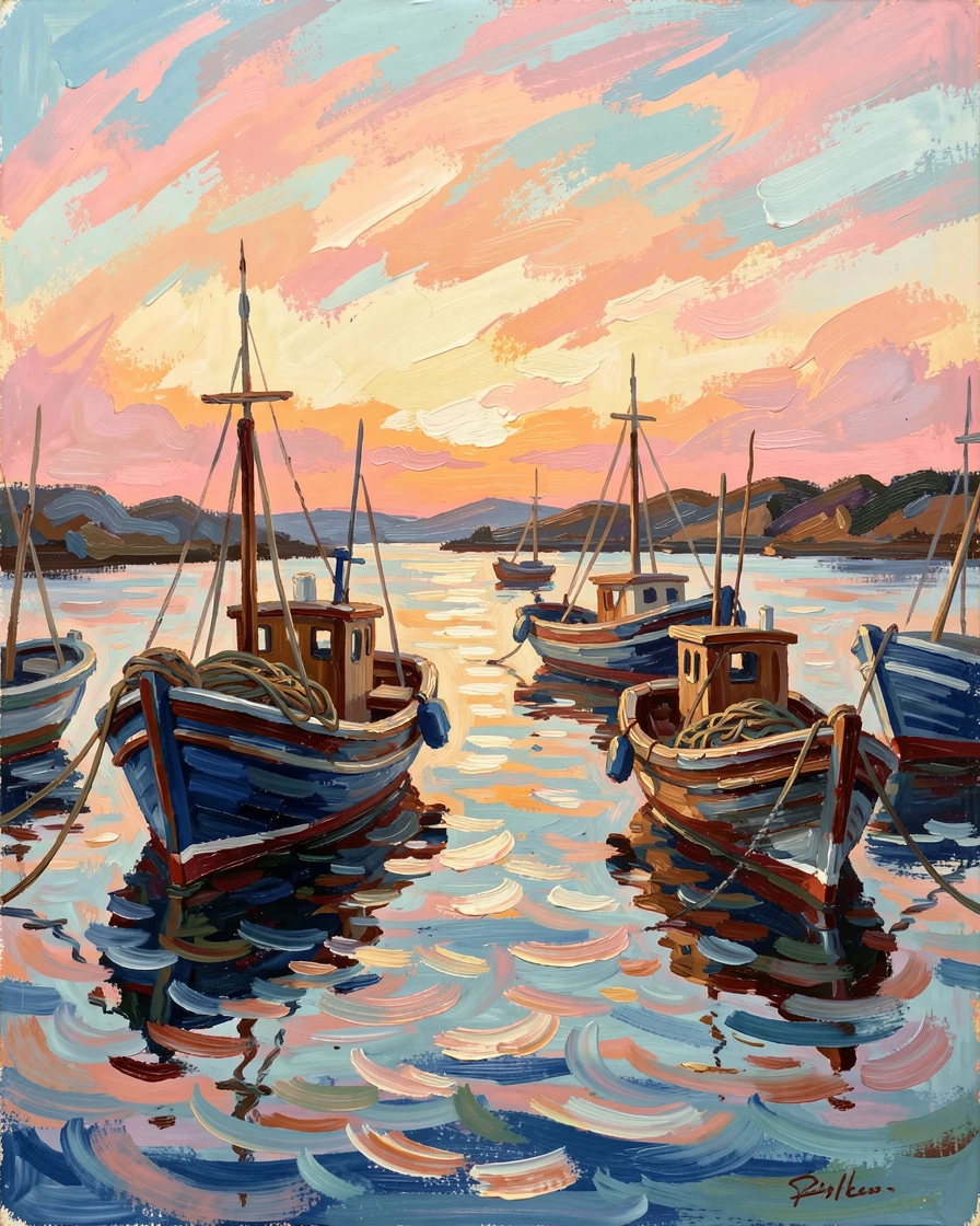 A calm harbor at dawn, fishing boats bobbing gently as the sky turns pink.