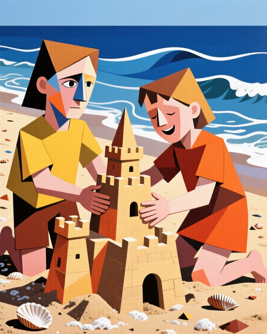 Siblings building a sandcastle together as gentle waves approach the shore.
