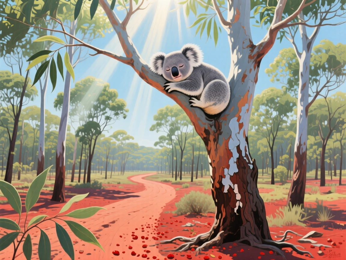 A eucalyptus forest in the Australian outback glows silver-green under harsh midday sun, a koala dozing in a high fork of branches, red dust visible on the trail below, the composition balancing a wide sweeping view with intimate, carefully observed foreground detail.