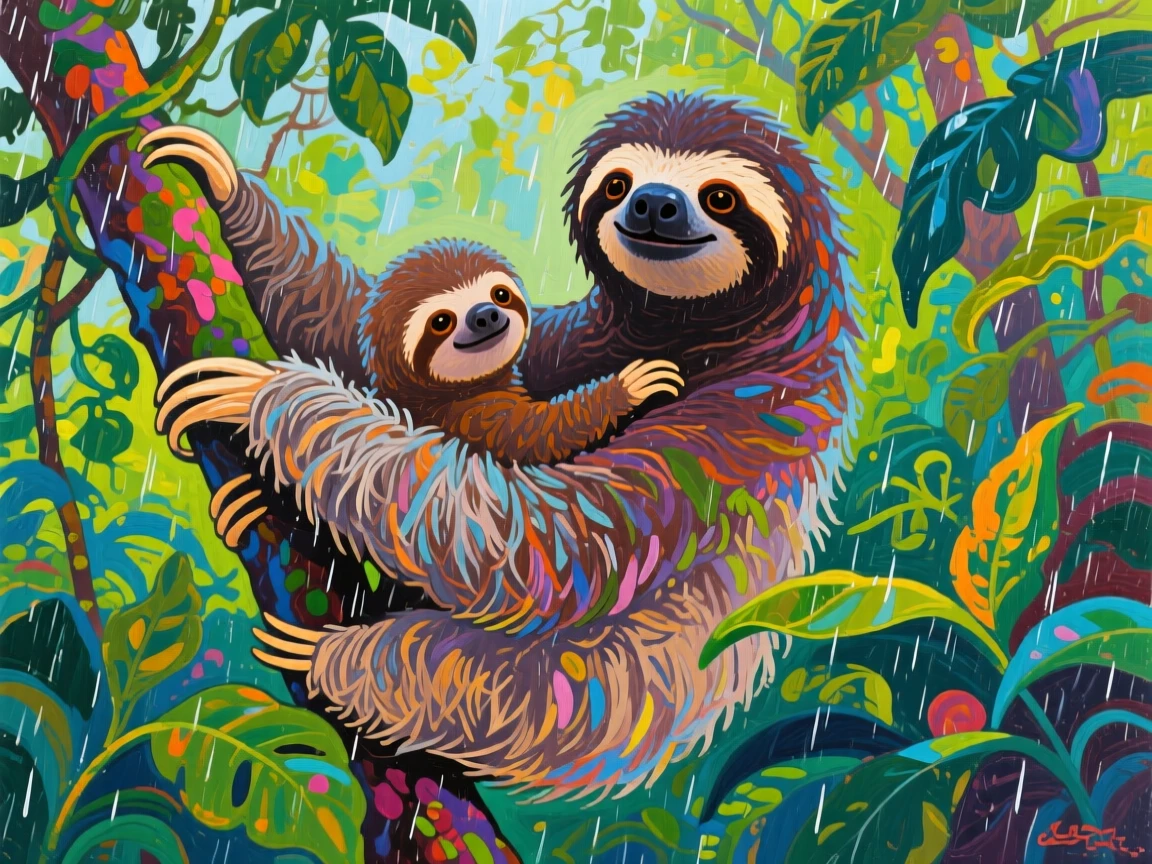 A baby sloth clinging to its mother as she slowly climbs through a rainforest canopy