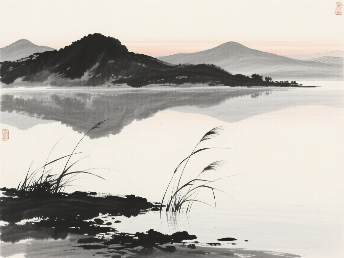 a still mountain lake at dawn, with reeds swaying gently along the water's edge.