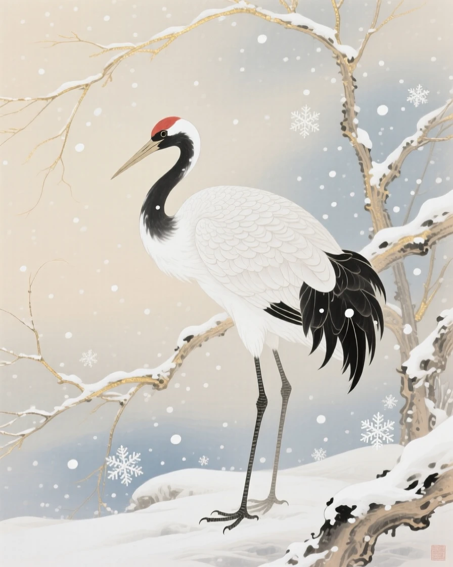 A stork huddled together during a gentle snowfall, soft morning light filtering through the branches