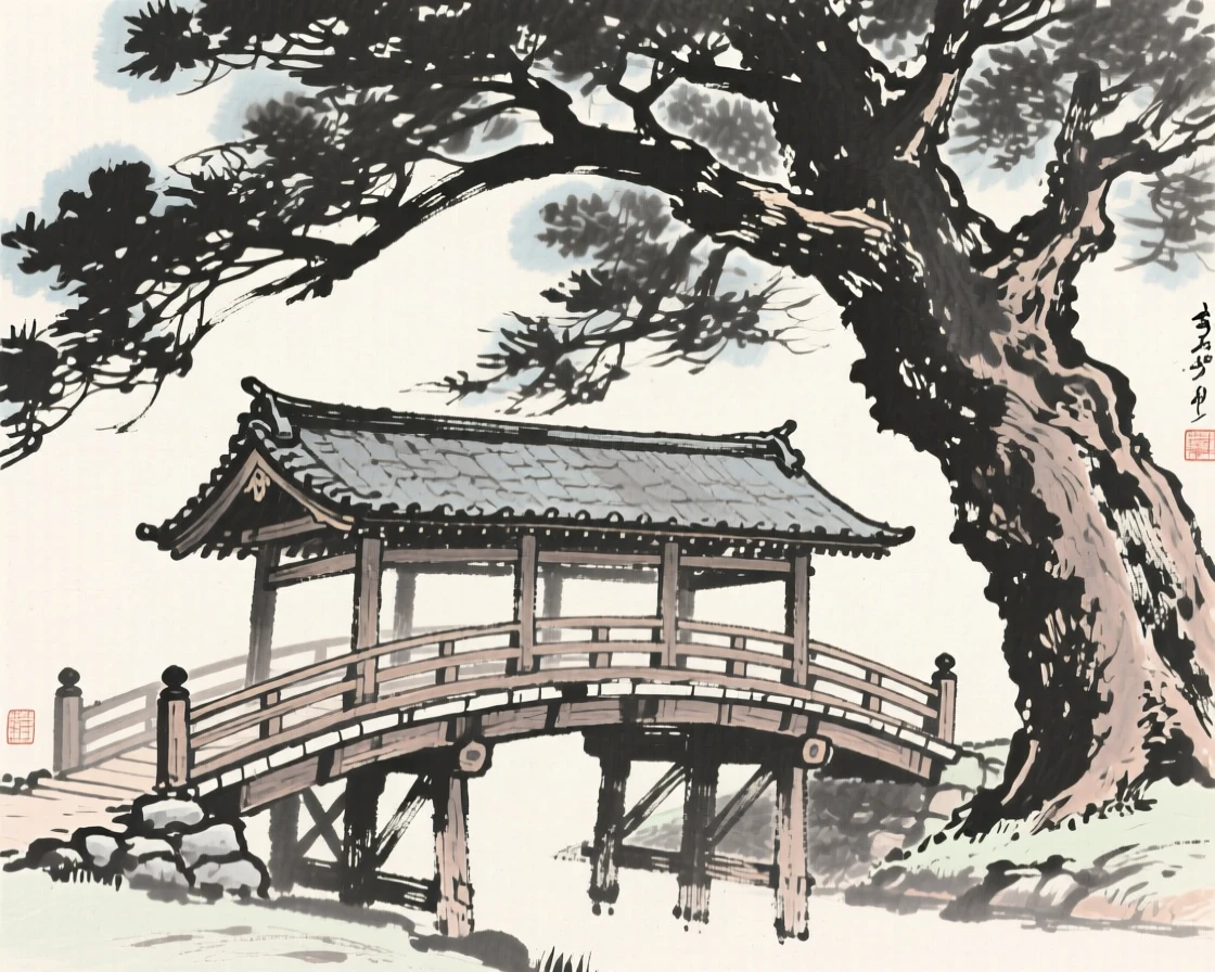 An old covered wooden bridge beneath the shade of an ancient tree, viewed from below to emphasize its quiet grandeur, capturing a serene blend of nature and human presence.