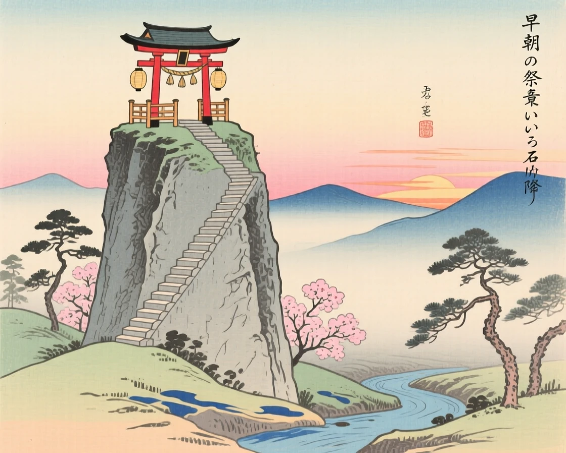 A granite pinnacle, with a winding stone staircase to a hilltop shrine, in the soft glow of early morning.