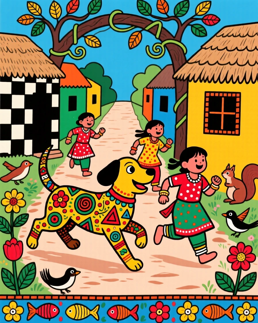 A dog running joyfully beside children through a village lane.