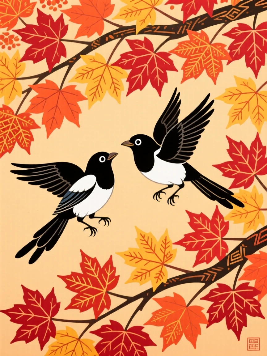 A pair of magpies gliding together beneath a canopy of autumn maple leaves.
