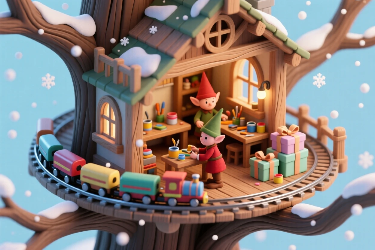 A treehouse toy workshop with miniature train sets running along the branches, elves working at tiny benches, wrapped presents stacked in a corner, and snow falling gently outside.