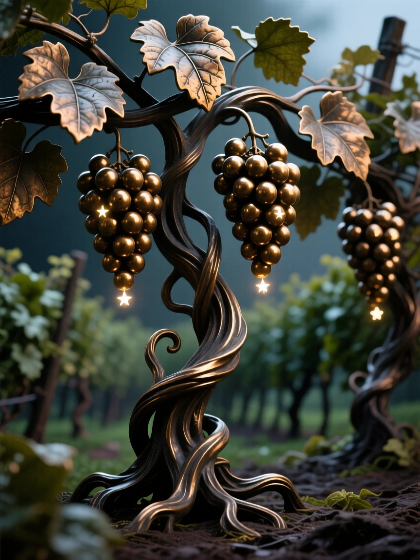 An enchanted vineyard where grapes glow like tiny stars, capturing a powerful sense of mystery and magic, transporting the viewer to another world