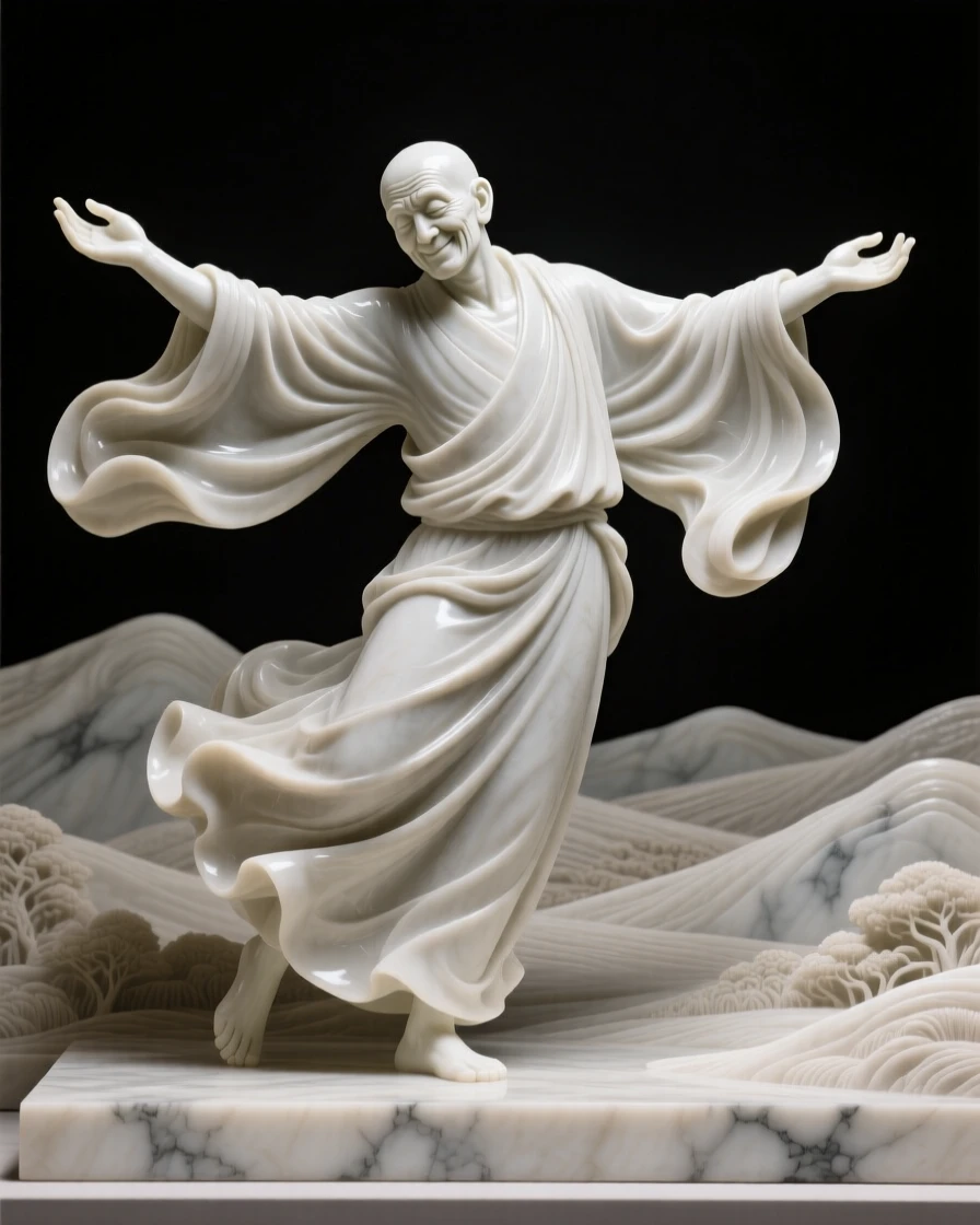 A tender portrait of a monk in quiet meditation, twirling with arms outstretched, against a backdrop of rolling hills, evoking warmth and humanity