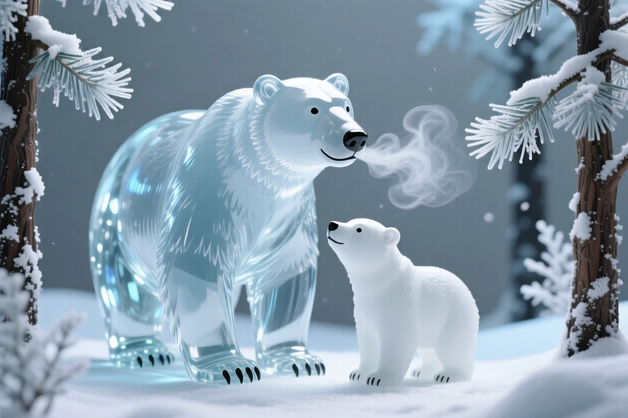 A polar bear and her cub in a snow-dusted pine forest, breath visible in the cold air, soft winter light giving the scene a hushed, peaceful feeling.