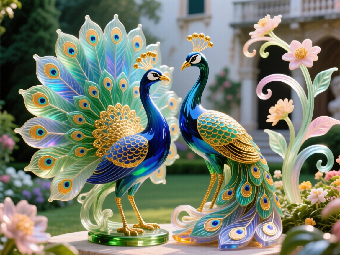 A pair of peacocks courting in a palace garden, one displaying its tail to the other, elegant and romantic.