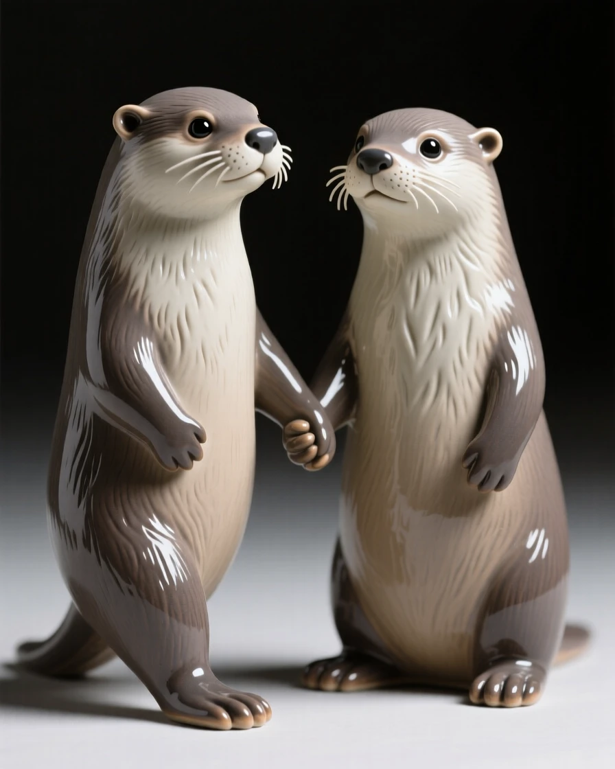 A pair of otters holding hands frozen in a moment of quiet vigilance, with one paw raised mid-step, filling the scene with playful, heartwarming charm.