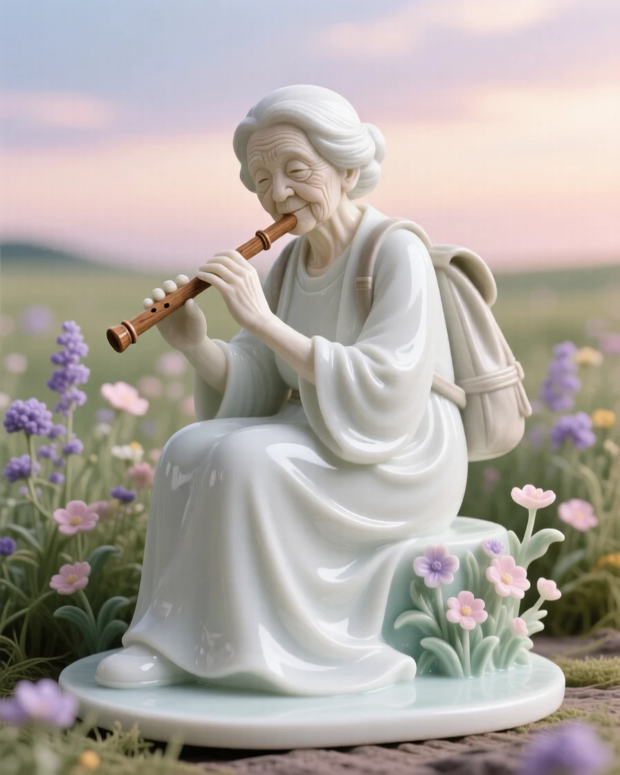 A elderly traveler playing a wooden flute, her posture calm and dignified, in a wildflower field under a pastel sky.